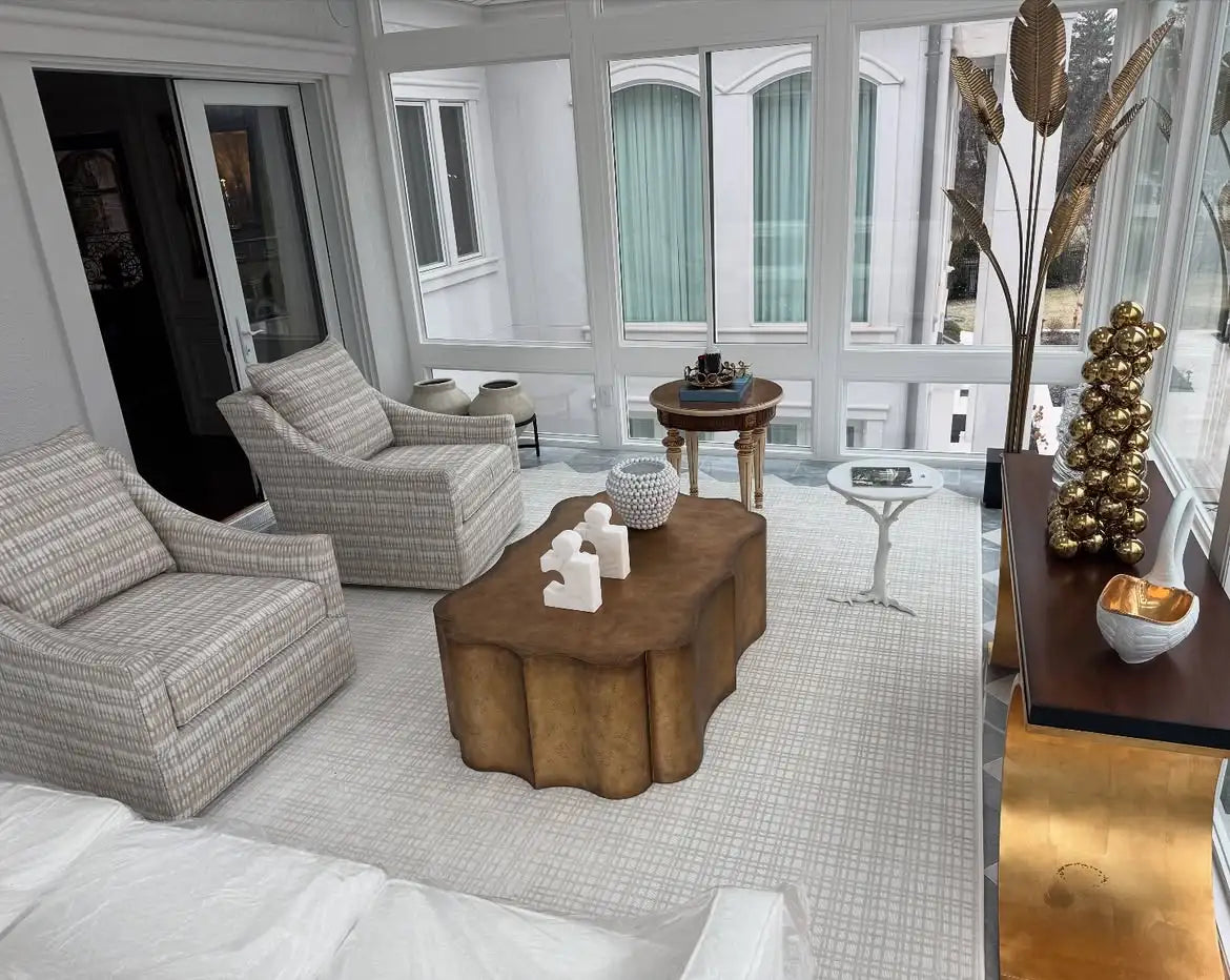 Custom area rug enhancing a luxury sitting room with designer furniture in New Jersey