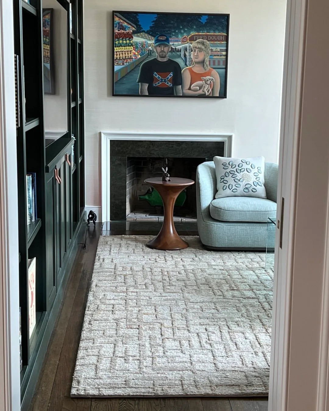 Designer area rug in a Rumson, NJ living room