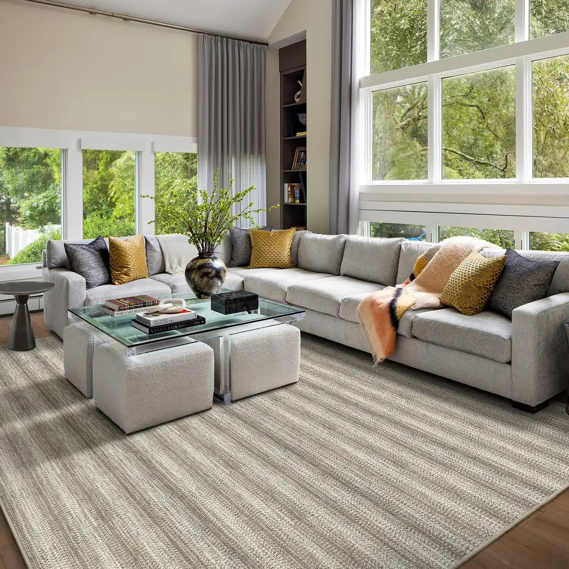 Luxury area rug styled in a contemporary living room for homeowners in Monmouth County, NJ.