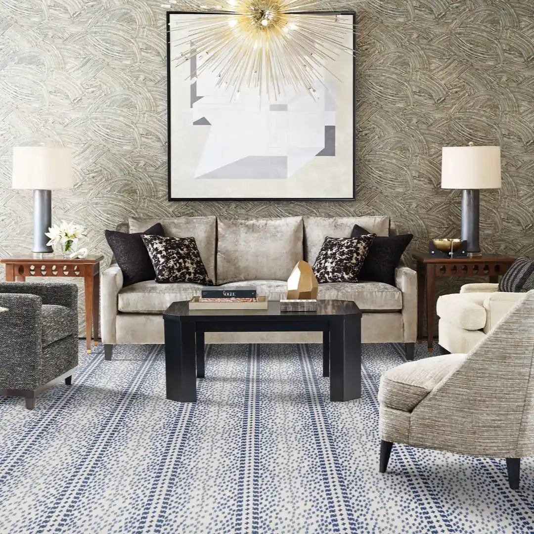 Luxury carpet installation in NYC featuring a custom patterned carpet in an elegant living room by Weinstein Carpet & Flooring Inc.