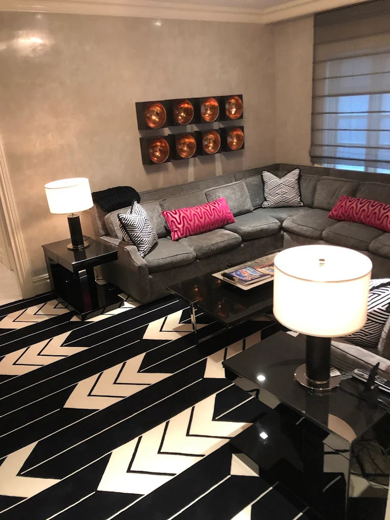 Luxury designer area rug installed in a modern living room by Weinstein by STARK in Monmouth County, NJ.
